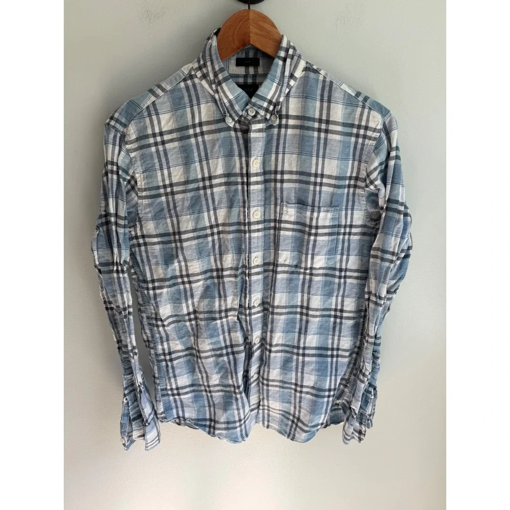 J.Crew Mens Slim Fit Plaid Button Down Shirt Blue White Medium Long Sleeve